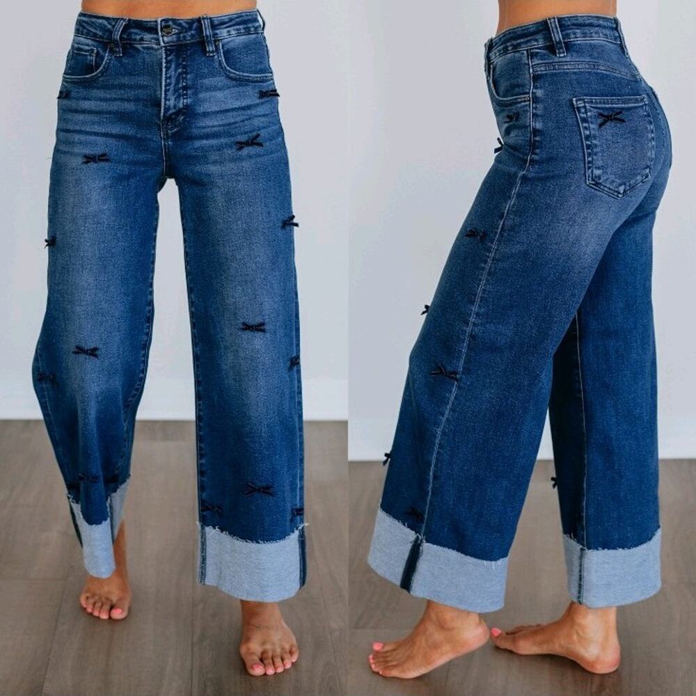 Risen Jeans Velvet Bows Size 5 Cuffed Cropped Highrise Women's Jeans NWT NEW